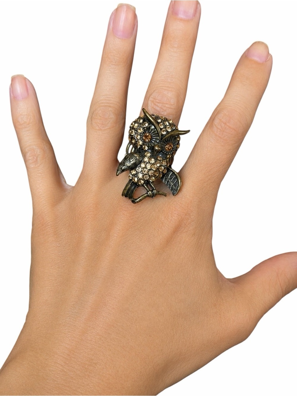 Statement Large Stretch Cocktail Owl Ring Antique Bronze